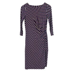 NWT Talbots Geometric Faux Wrap Sheath Dress 3/4 Sleeves Navy Red  Sz S Petite